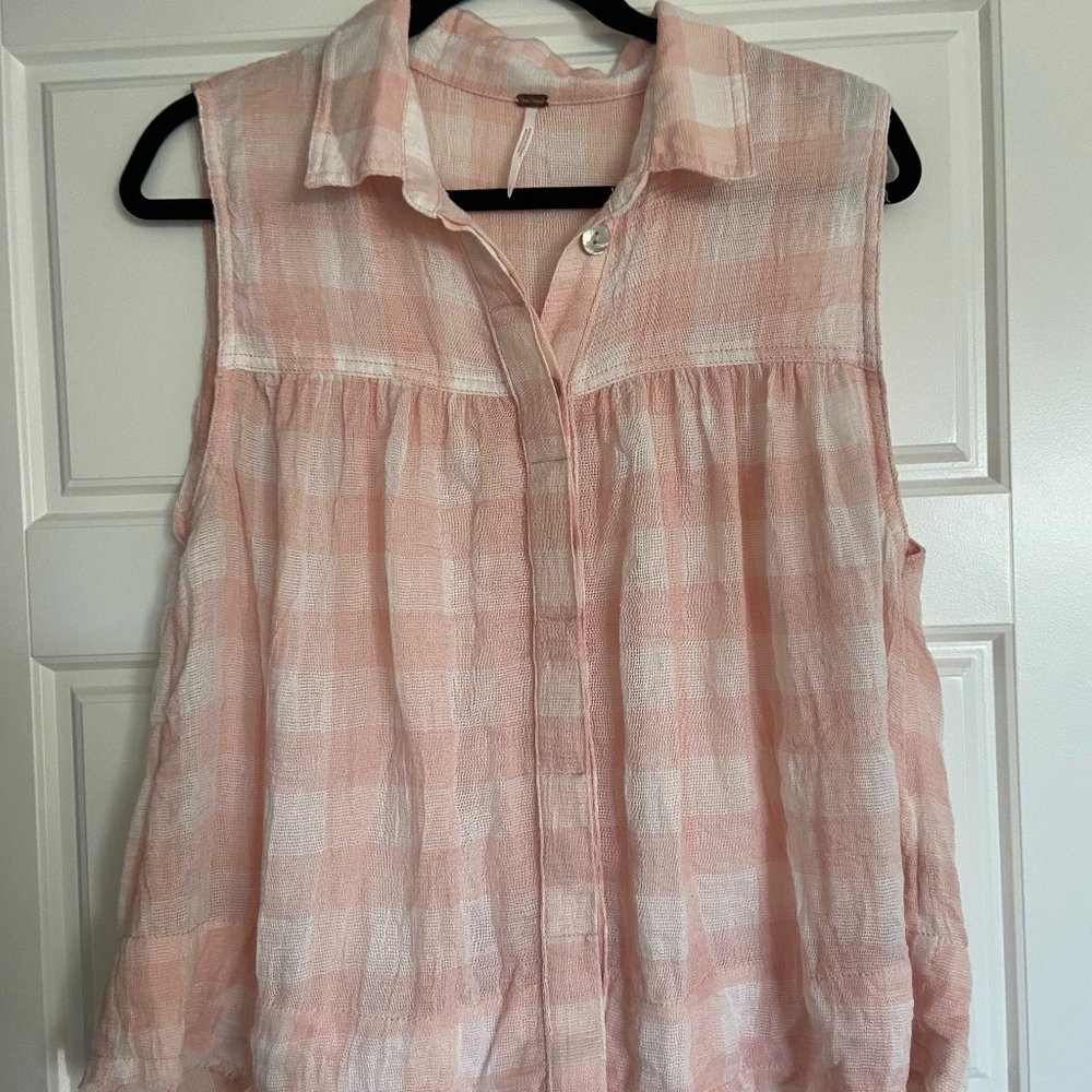 Free People Womens Hey There Sunrise Blouse Pink Plaid Sleeveless Collar Boho